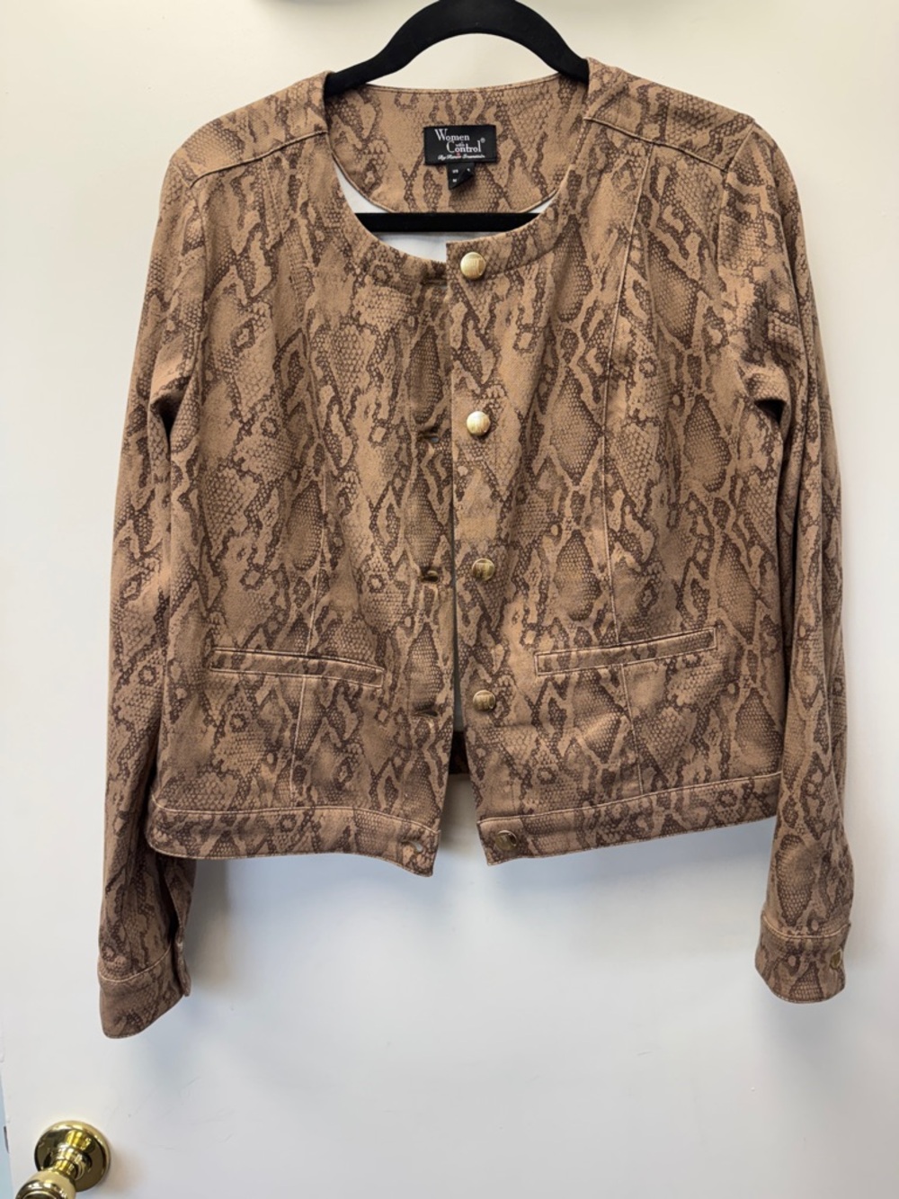 Women with Control Brown Snake-Print Collarless‎ Blazer with Gold Buttons